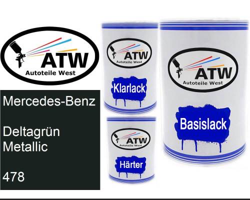Mercedes-Benz, Deltagrün Metallic, 478: 500ml Lackdose + 500ml Klarlack + 250ml Härter - Set, von ATW Autoteile West.